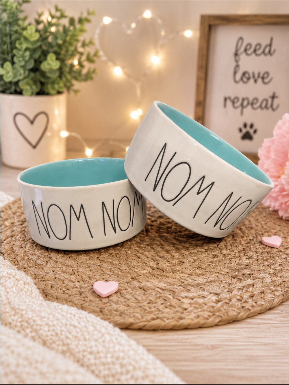 Rae Dunn Ceramic "NOM NOM" Pet Bowls - White Exterior with Teal Interior